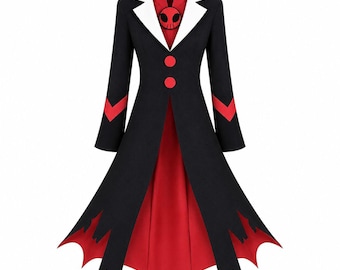 May include: A long black coat featuring a red inner layer, white lapels, and two red buttons. The sleeves have red chevron accents, and the hem is jagged. A red high-neck shirt with a black skull-shaped emblem is visible at the collar.