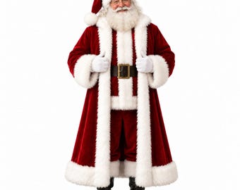 May include: A Santa Claus costume featuring a long, deep red velvet coat and matching trousers trimmed with thick white faux fur. The ensemble includes a red velvet hat with a white fur pom-pom, white gloves, and a black leather belt with a gold buckle.