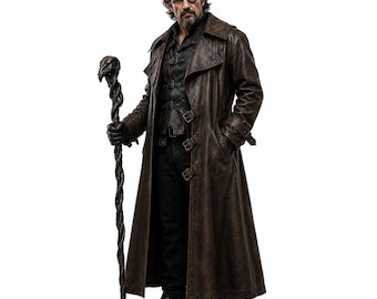 May include: A person wearing a long, dark brown leather trench coat with buckle details, a black vest with multiple straps, and black trousers. The person has a monocle over one eye and holds a tall, dark, twisted staff topped with a skull.