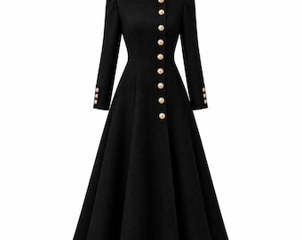 May include: A long black coat featuring a high collar, long sleeves with three buttons at each cuff, and a front closure with a vertical row of gold-toned buttons. The garment has a fitted bodice and a flared, floor-length skirt.