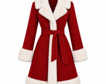 May include: A deep red coat featuring a white faux fur collar, white faux fur sleeve cuffs, and a white faux fur hemline. The coat includes a matching red fabric belt that ties at the waist, creating a cinched silhouette with long sleeves.