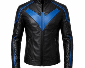 May include: A black leather jacket featuring a prominent blue chevron design across the chest and shoulders. The jacket includes a stand-up collar, a central front zipper, and two zippered side pockets, with blue stripes running down each sleeve.