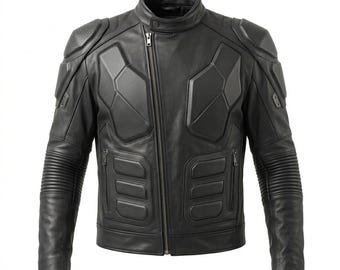May include: A black leather motorcycle jacket featuring a stand-up collar, an asymmetrical front zipper, and textured protective padding on the shoulders, chest, and abdomen. The sleeves include ribbed detailing at the elbows and zippered pockets.