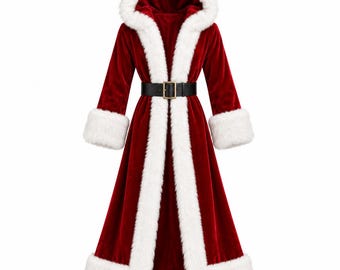 May include: A long, deep red velvet coat featuring a plush white faux fur trim along the hood, front opening, sleeve cuffs, and hem. The coat is cinched at the waist with a black belt that includes a gold-toned rectangular buckle.