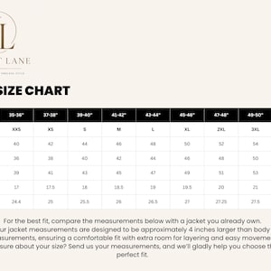 May include: A size chart for jackets featuring the Jacket Lane logo and text. The table displays body chest measurements from 35-36 to 51-52 inches, corresponding to jacket sizes XXS through 4XL, with specific chest, waist, hip, shoulder, and sleeve data.