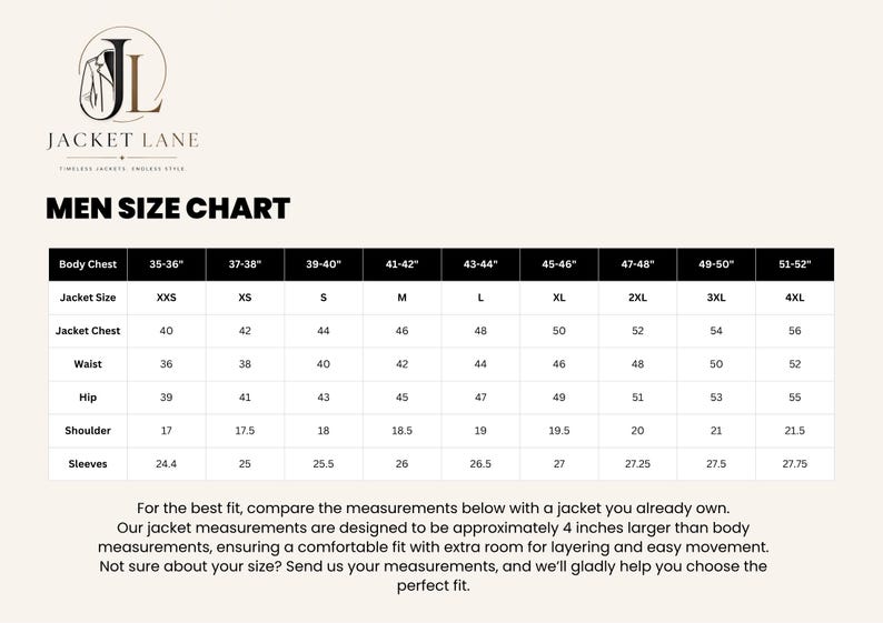 May include: A size chart for jackets featuring the Jacket Lane logo and text. The table displays body chest measurements from 35-36 to 51-52 inches, corresponding to jacket sizes XXS through 4XL, with specific chest, waist, hip, shoulder, and sleeve data.