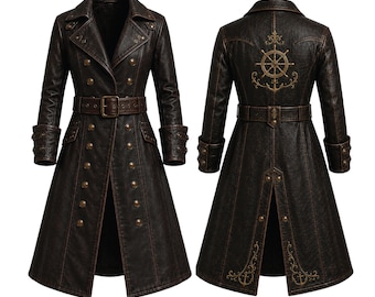 May include: A dark brown faux leather long coat featuring a double-breasted front with metallic buttons, a buckled waist belt, and cuffed sleeves. The back displays an embroidered gold ship wheel and anchor design with decorative scrollwork.