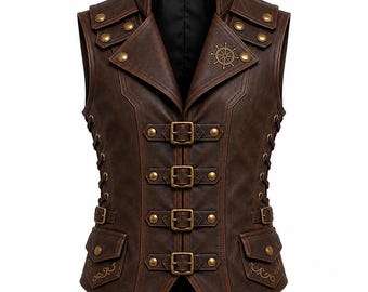 May include: A dark brown sleeveless vest featuring a high collar, four front buckle closures with brass-toned hardware, shoulder epaulets with studs, side lacing details, and two front pockets with decorative gold-toned embroidery.