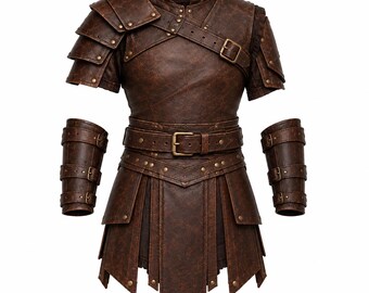 May include: A dark brown faux leather chest piece with layered shoulder pauldrons, a waist belt with a metal buckle, and a tasset skirt. The set includes two matching forearm bracers, all featuring brass-toned rivets and adjustable buckle straps.
