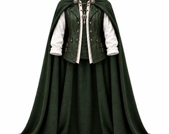 May include: A dark green hooded cloak worn over a dark green vest with metallic buttons and a white long-sleeved shirt. The vest features a lace-up front closure with a silver-toned pendant hanging from the neckline and decorative side buckles.