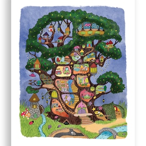 May include: A whimsical watercolor illustration of a large tree with multiple treehouses and fairy lights. The tree is set against a blue sky and features a stream, bridge, and small buildings at its base. The artwork is colorful and detailed.