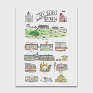 May include: A watercolor illustration of Mackinac Island landmarks. The artwork features various buildings, including a church, lighthouse, and shops, with the words "Mackinac Island" in a 3D font at the top. The style is whimsical and colorful.