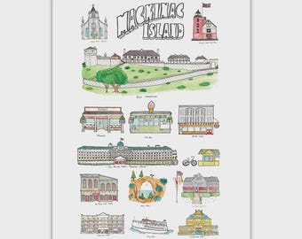 May include: A watercolor illustration of Mackinac Island landmarks. The artwork features various buildings, including a church, lighthouse, and shops, with the words "Mackinac Island" in a 3D font at the top. The style is whimsical and colorful.