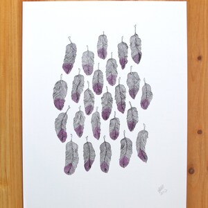 Puede incluir: Una ilustraci&oacute;n en blanco y negro de un grupo de plumas con sombreado morado. Las plumas est&aacute;n dispuestas en un patr&oacute;n circular. La imagen est&aacute; firmada "gff 2013".