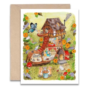 May include: A watercolor illustration of a whimsical house built inside a giant brown boot. The house has a red roof and windows, and there are many small mice inside and outside the house. There is a blue butterfly flying near the house.
