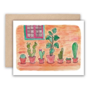 May include: A watercolor painting of a row of potted plants, including cacti and a monstera plant, against a peach-colored wall with a pink window.