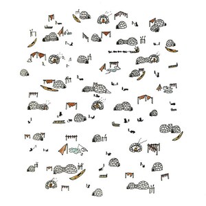 Könnte beinhalten: Ein weißer Hintergrund mit einem Muster aus schwarzen und braunen Iglus, Kajaks und anderen winterlichen Objekten.