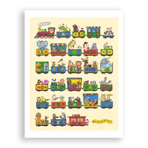 May include: A colorful alphabet train illustration on a light cream background. Each train car features a letter from A to Z, accompanied by various animals and objects. The final car includes a banner with the text, Now you know your ABCs!