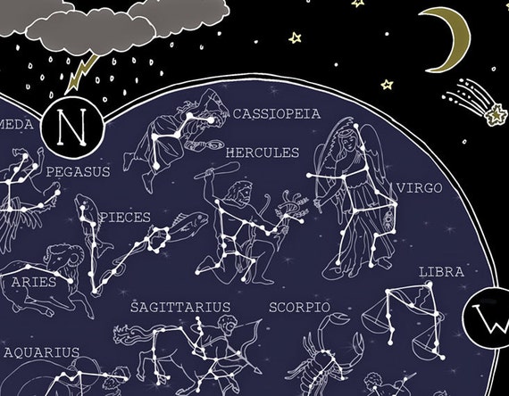 Constellations Art Print | Hand-illustrated Zodiac Map - Etsy