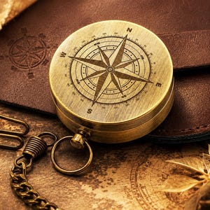 Personalized Engraved Brass Compass, Functional Pocket Compass with Chain and Faux Leather Pouch