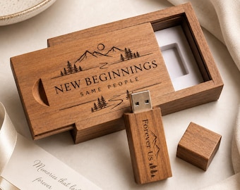 Gepersonaliseerde houten USB-stick met gegraveerde doos, met eigen naam of logo.
