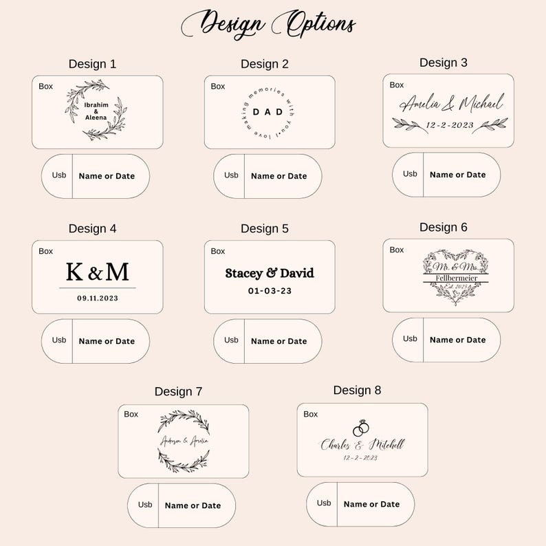 May include: An image showcasing eight design options for personalized boxes. Each design features text and decorative elements, including names, dates, and floral accents. The designs are labeled with numbers and the text "Design Options" is at the top.