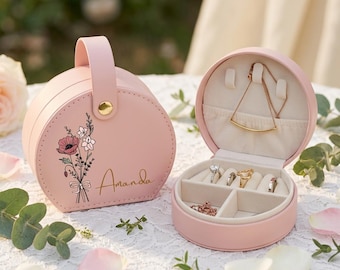 Gepersonaliseerde bloemen reissieradendoos, aangepaste naam ringoorbel opslag, cadeau bruidsmeisje