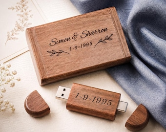 Gepersonaliseerde houten USB-C-flashdrive met doos, dubbele USB A- en Type-C 3.0-aansluiting, op maat gegraveerde geheugenkaart voor trouwfotografen