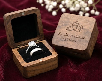 Caja para anillos de nogal personalizada, soporte para propuesta de compromiso a medida, porta anillos de boda con doble ranura