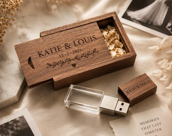 Gepersonaliseerde kristallen USB-stick met houten dop en doos – cadeau voor fotograaf