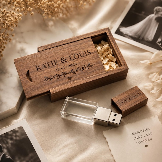 Personalized Crystal USB Drive with Wooden Cap & Box – Photographer Gift