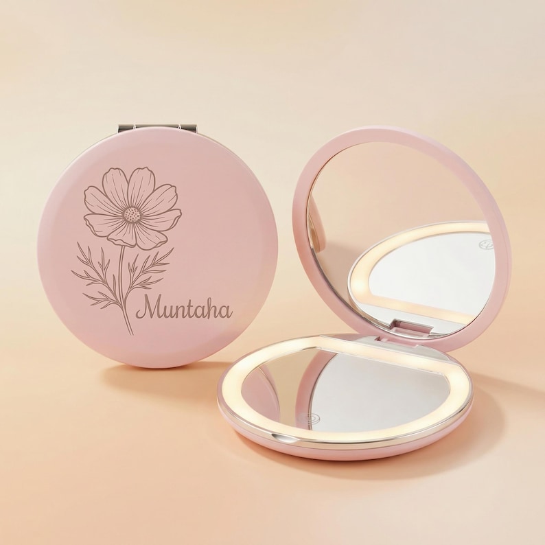 Personalised LED Makeup Mirror | Engraved Birth Flower, Monogram, Rechargeable Travel Pocket Mirror Pink