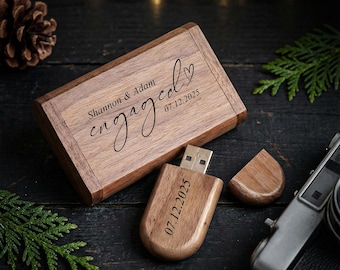Personligt ovalt trä-USB-minne med ask – Graverad fotoförvaring för fotografer, bröllop, nyföddpresenter och minnessaker