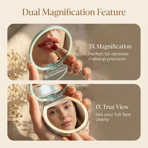 May include: A round, light green compact mirror featuring a dual magnification design. The top section displays 3X magnification for detailed work, while the bottom section provides a 1X true view. Text on the image reads Dual Magnification Feature, 3X Magnification, and 1X True View.