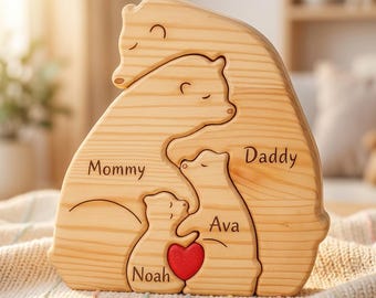 Gepersonaliseerde houten familiepuzzel beren – aangepaste familienaam aandenken, housewarmingcadeau