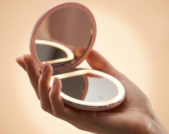 Personalised LED Makeup Mirror Custom Bridesmaid Proposal Gift | Engraved Birth Flower and Monogram Rechargeable Travel Vanity Pocket Mirror