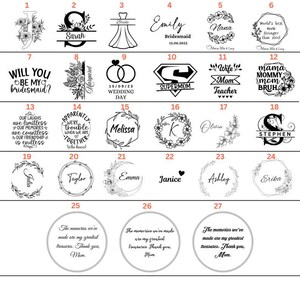 May include: A grid of twenty-seven black and white graphic designs featuring various floral motifs, monograms, and personalized text options including names, dates, and quotes, intended for custom engraving or printing on various surfaces.