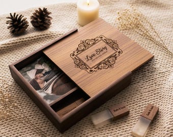 Op maat gegraveerde houten fotodoos met USB - Gepersonaliseerde aandenken
