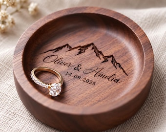 Personalized Wooden Ring Dish, Engraved Names & Date, Beech or Walnut
