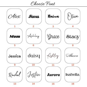 May include: A grid of sixteen white squares, each containing a unique black font style labeled with a number from 1 to 16. The names displayed include Alex, Hanna, Naina, Oliva, Mom, Ashley, Grace, Stacy, Jessica, daisy, Mason, Rachel, Justin, Aurora, and Isabella.