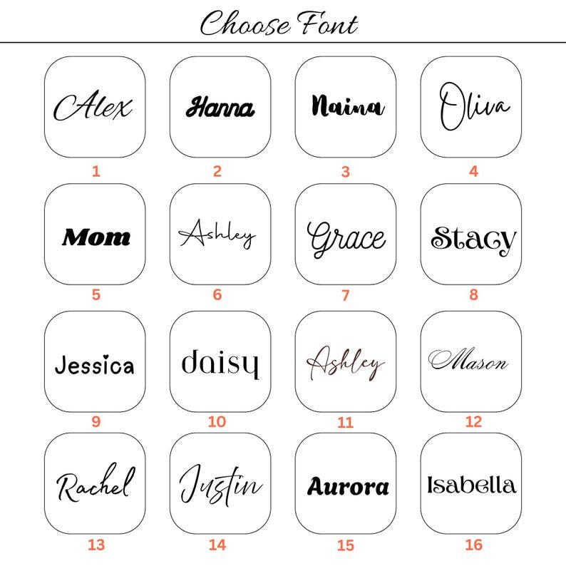 May include: A grid of sixteen white squares, each containing a unique black font style labeled with a number from 1 to 16. The names displayed include Alex, Hanna, Naina, Oliva, Mom, Ashley, Grace, Stacy, Jessica, daisy, Mason, Rachel, Justin, Aurora, and Isabella.