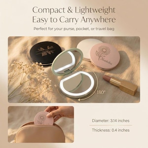 May include: Round compact mirrors with LED lights, featuring custom engravings of names and floral designs in black, white, and pink. The mirrors measure 3.14 inches in diameter and 0.4 inches in thickness, with a 180-degree hinge mechanism.