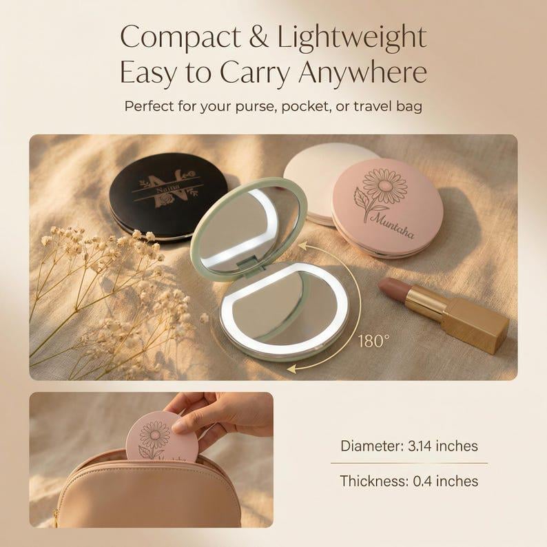 May include: Round compact mirrors with LED lights, featuring custom engravings of names and floral designs in black, white, and pink. The mirrors measure 3.14 inches in diameter and 0.4 inches in thickness, with a 180-degree hinge mechanism.