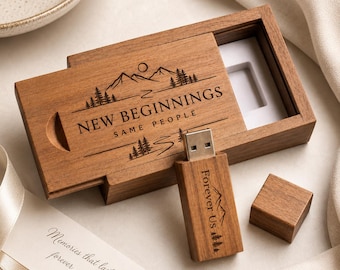 Gepersonaliseerde houten USB-stick met gegraveerde doos, met eigen naam of logo.