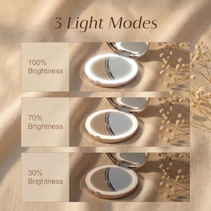 May include: A round compact mirror with an integrated LED light ring, shown in three distinct settings labeled 3 Light Modes: 100% Brightness, 70% Brightness, and 30% Brightness. The mirror features a metallic frame and a reflective glass surface.