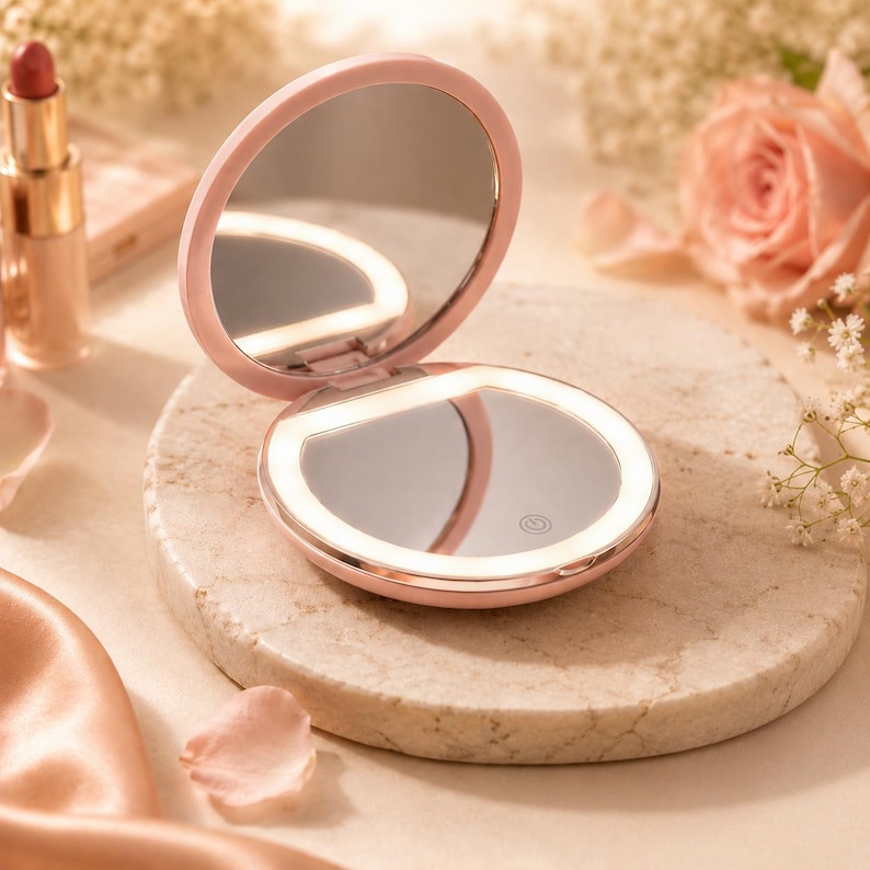 May include: A round, light pink compact mirror with an integrated LED light ring. The device features a hinged design with a reflective surface on both the top and bottom sections, and a small power button icon visible on the lower mirror surface.