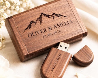 Gepersonaliseerde ovale houten USB-stick met gegraveerde doos voor fotogalerijen van klanten.