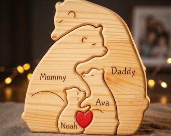Gepersonaliseerde houten familiepuzzel beren – gepersonaliseerd decor voor familienaam, aandenken