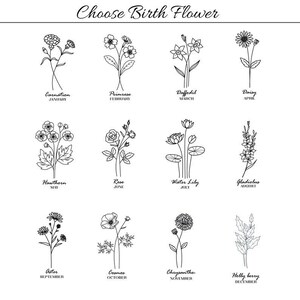 May include: A black and white chart titled Choose Birth Flower featuring twelve line art illustrations of flowers. Each flower is labeled with its name and corresponding month, from Carnation for January to Holly berry for December.