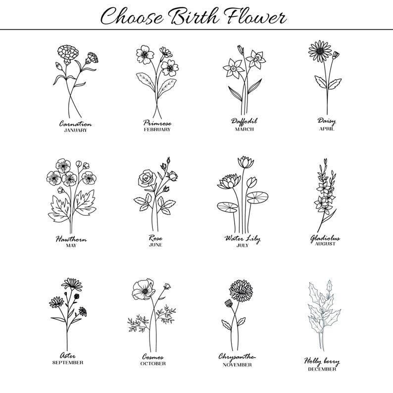 May include: A black and white chart titled Choose Birth Flower featuring twelve line art illustrations of flowers. Each flower is labeled with its name and corresponding month, from Carnation for January to Holly berry for December.